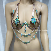 Turquoise and Gold Rihanna Diamond Samba Bra Cosplay Dance Costume Rave Bra Halloween Burlesque Show Girl - Thumbnail 2