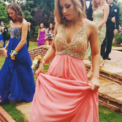 Halter prom dresses,watermelon a-line halter floor-length chiffon evening dress prom dresses 9739