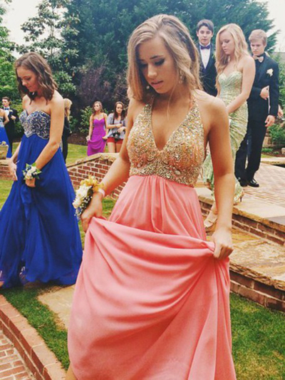 Halter prom dresses,Watermelon A-line Halter Floor-length Chiffon Evening Dress Prom Dresses 9739