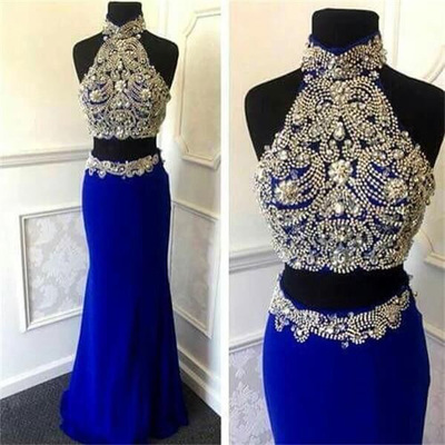 2 pieces prom dresses,royal blue trumpet mermaid high neck floor-length chiffon evening dress prom dresses 9762