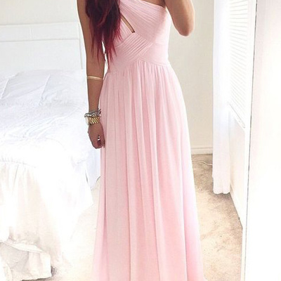Pink prom dresses,pink a-line one shoulder floor-length chiffon evening dress prom dresses 9774