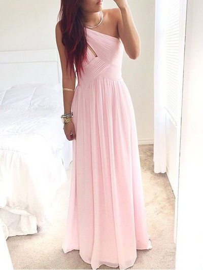 pink prom dresses,Pink A-line One Shoulder Floor-length Chiffon Evening Dress Prom Dresses 9774