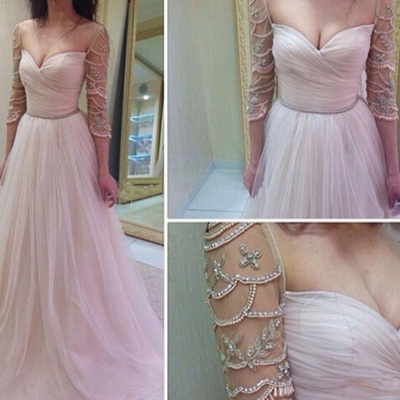Elegant prom dresses,pearl pink a-line straps floor-length tulle evening dress prom dresses 9784