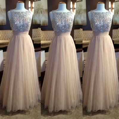 sparking prom dresses,Pearl Pink A-line Bateau Floor-length Tulle Evening Dress Prom Dresses 9786