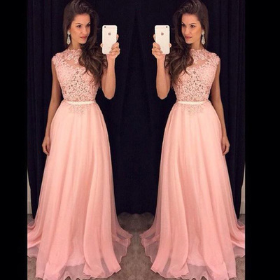 poofy prom dresses,Pink A-line Bateau Floor-length Chiffon Evening Dress Prom Dresses 9788