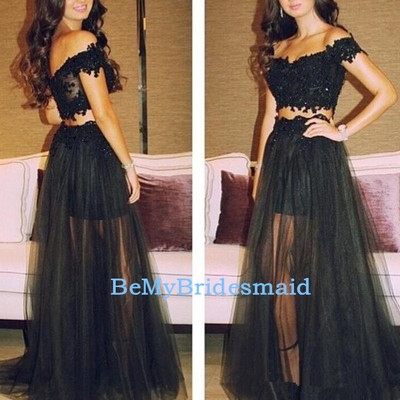 Cute tulle two piece black prom dresses 2017, two piece prom dresses, prom gowns 