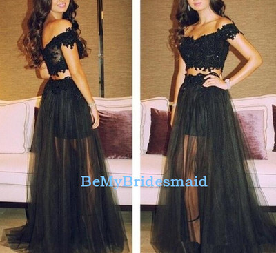 Cute Tulle Two Piece Black Prom Dresses 2017, Two Piece Prom Dresses, Prom Gowns 