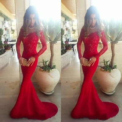 red prom dress ,long sleeves prom dress ,mermaid prom dress, elegant prom dress with train ,lace sexy prom dress 2017, BD14233