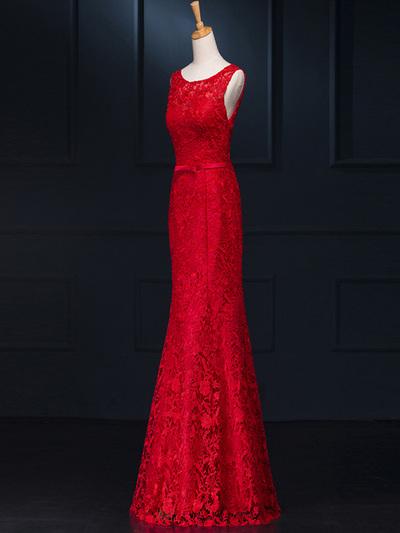 lace prom dresses,Red Trumpet Mermaid Scoop Floor-length Tulle Evening Dress Prom Dresses 9796