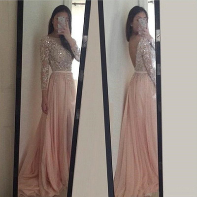 Prom dresses with long sleeve,pink a-line bateau floor-length chiffon evening dress prom dresses 9798