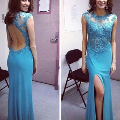 Backless prom dresses,blue sheath column scoop floor-length chiffon evening dress prom dresses 9802