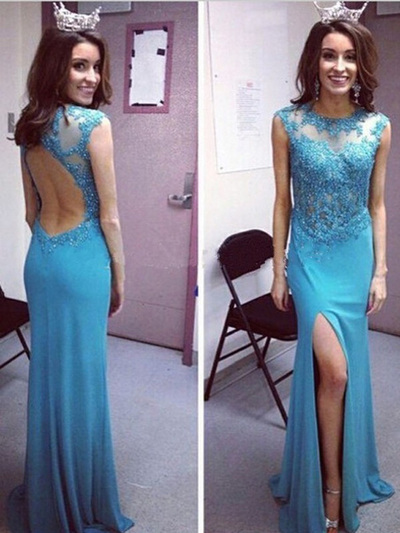 backless prom dresses,Blue Sheath Column Scoop Floor-length Chiffon Evening Dress Prom Dresses 9802