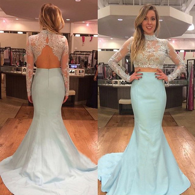Prom dresses for curvy girls,light sky blue trumpet mermaid high neck sweep brush train satin evening dress prom dresses 9804
