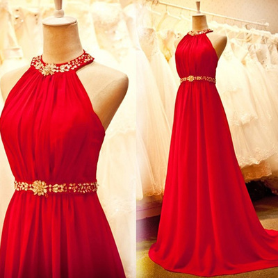 Halter prom dresses,red a-line halter sweep brush train chiffon evening dress prom dresses 9805