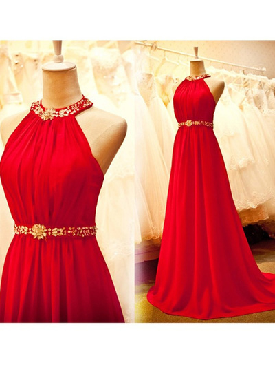 halter prom dresses,Red A-line Halter Sweep Brush Train Chiffon Evening Dress Prom Dresses 9805