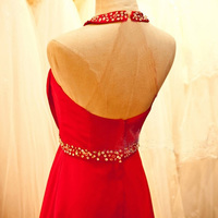 halter prom dresses,Red A-line Halter Sweep Brush Train Chiffon Evening Dress Prom Dresses 9805 - Thumbnail 1
