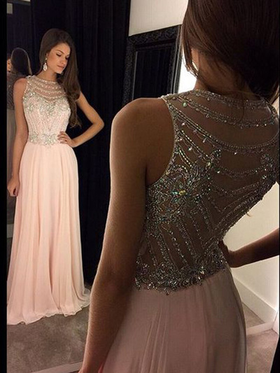 pink prom dresses,Pearl Pink A-line Scoop Floor-length Chiffon Evening Dress Prom Dresses 9818