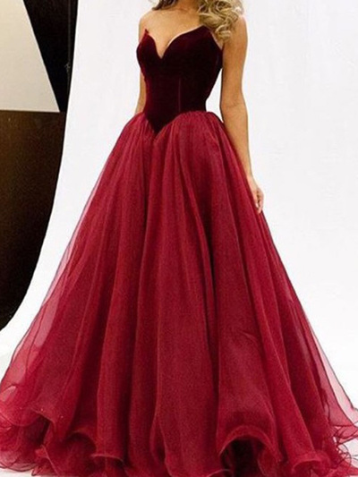 prom dresses strapless,Burgundy A-line Sweetheart Floor-length Tulle Evening Dress Prom Dresses 9821