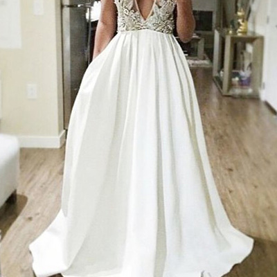 Sexy deep v-neck prom dresses,white a-line v-neck floor-length satin evening dress prom dresses 9823