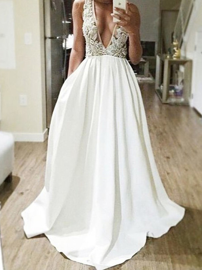 sexy deep V-neck prom dresses,White A-line V-neck Floor-length Satin Evening Dress Prom Dresses 9823