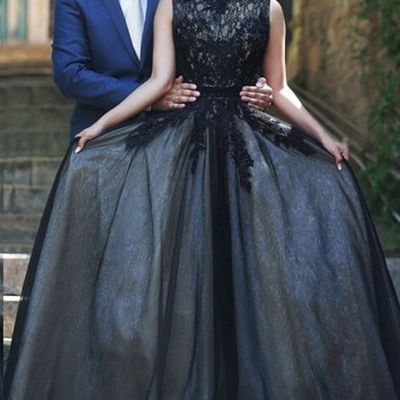 Black prom dresses,black a-line bateau floor-length tulle evening dress prom dresses 9824