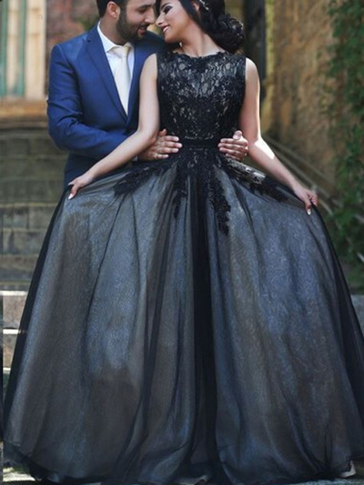 black prom dresses,Black A-line Bateau Floor-length Tulle Evening Dress Prom Dresses 9824