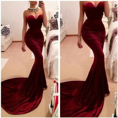 maroon prom dresses,Burgundy Trumpet Mermaid Sweetheart Sweep Brush Train Elastic Woven Satin Evening Dress Prom Dresses 9846