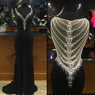 Prom dresses long,black trumpet mermaid straps sweep brush train chiffon evening dress prom dresses 9874