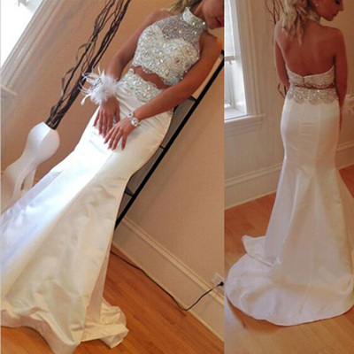Prom dresses long,white trumpet mermaid halter sweep brush train satin evening dress prom dresses 9876
