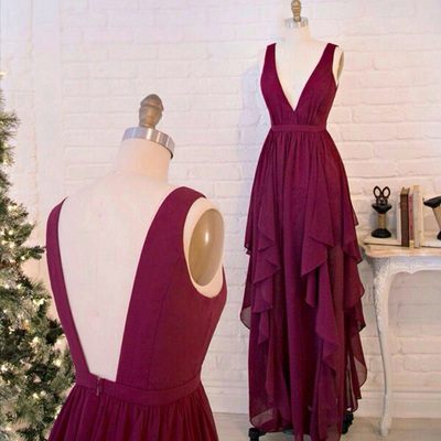 v-neck prom dresses,Fuchsia A-line V-neck Floor-length Chiffon Evening Dress Prom Dresses 9880