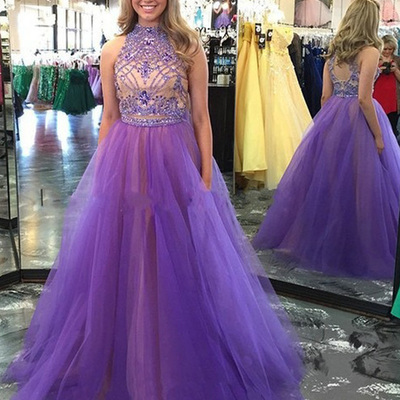 Modest prom dresses for teens,lilac a-line high neck floor-length tulle evening dress prom dresses 9884