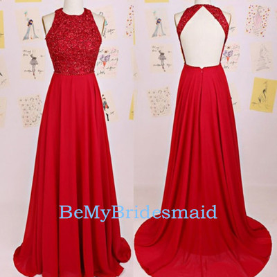 Beautiful red chiffon halter prom dresses with lace applique, prom gowns, evening dresses - Thumbnail 4