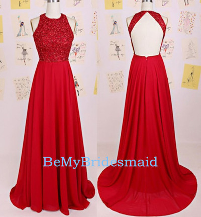 Beautiful Red Chiffon Halter Prom Dresses with Lace Applique, Prom Gowns, Evening Dresses