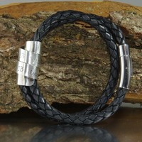 Mens Double Wrap Braided Leather Bracelet, Sterling Silver, Stainless Steel, Mens Jewelry, Mens Bracelet, Leather Bracelet United Kingdom - Thumbnail 1
