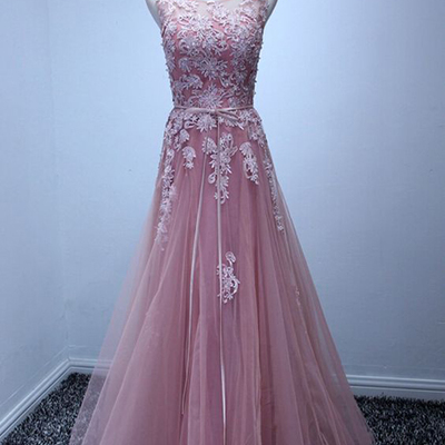 Long pink prom dress ,scoop prom dress,tulle prom dress with lace ,a-line party prom dress,formal custom bridesmaid dress, bd14232