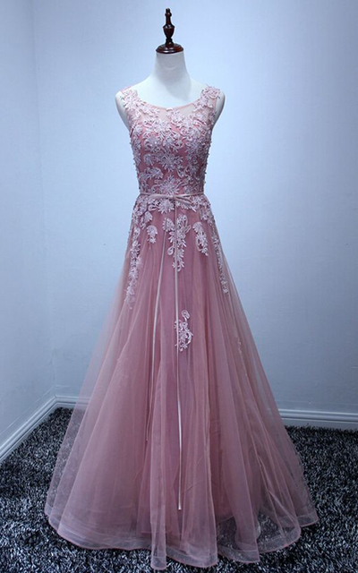 long pink prom dress ,scoop prom dress,tulle prom dress with lace ,A-line party prom dress,formal custom bridesmaid dress, BD14232