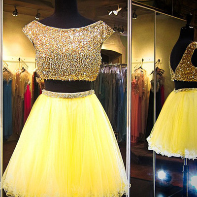 Unique prom dresses,yellow a-line scoop short sleeve short/mini tulle homecoming dresses/short prom dresses 1444