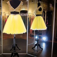 unique prom dresses,Yellow A-line Scoop Short Sleeve Short/Mini Tulle Homecoming Dresses/Short Prom Dresses 1444 - Thumbnail 1