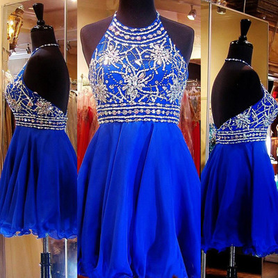 Halter prom dresses,royal blue a-line halter rhinestone homecoming dresses cocktail dresses 1442