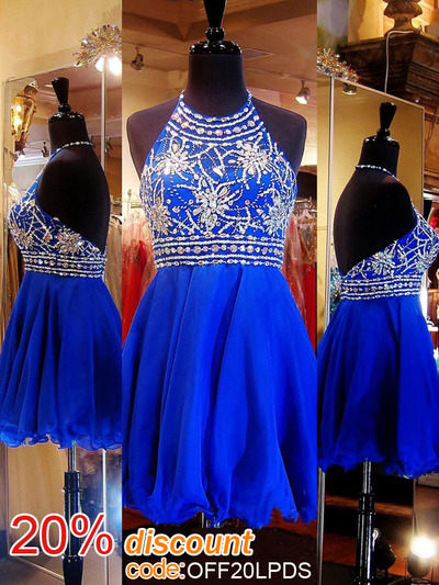 halter prom dresses,Royal Blue A-line Halter Rhinestone Homecoming Dresses Cocktail Dresses 1442