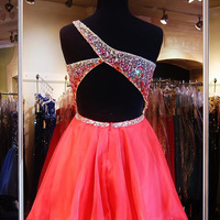 prom dresses for teens,Pink A-line One Shoulder Sleeveless Short/Mini Tulle Homecoming Dresses/Short Prom Dresses 1446 - Thumbnail 1