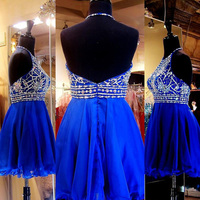 halter prom dresses,Royal Blue A-line Halter Rhinestone Homecoming Dresses Cocktail Dresses 1442 - Thumbnail 1