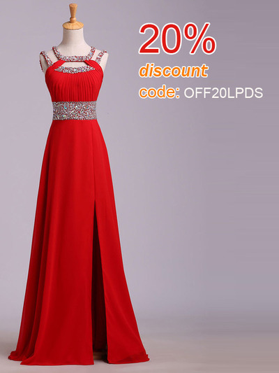 red prom dresses,Red A-line Scoop Floor-length Chiffon Prom Dresses Evening Dresses 8789