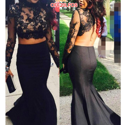 Two pieces prom dresses,black trumpet/mermaid high neck satin floor-length prom dresses evening dresses 8840