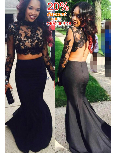 two pieces prom dresses,Black Trumpet/Mermaid High Neck Satin Floor-length Prom Dresses Evening Dresses 8840