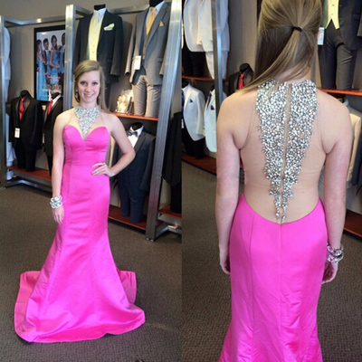sexy prom dresses,Trumpet Mermaid High Neck Sweep Brush Train Elastic Woven Satin Evening Dress Prom Dresses 9889