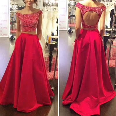 country prom dresses,Red A-line Off-the-shoulder Floor-length Satin Evening Dress Prom Dresses 9892