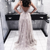 silver prom dresses,Silver A-line Spaghetti Straps Floor-length Tulle Evening Dress Prom Dresses 9898 - Thumbnail 1