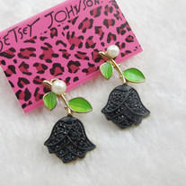 Betsey Johnson Black Rose Crystal Pearl Stud Earrings