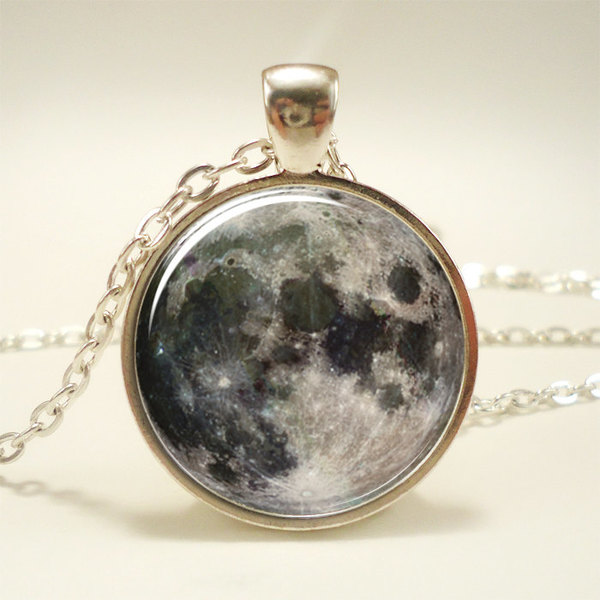 Full Moon Necklace, Glass Photo Pendant Charm, Space Jewelry (0439S1IN)